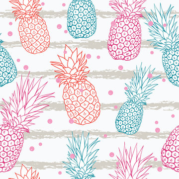 Vector pineapple on grunge stripes summer colorful tropical seamless pattern background. Great as a textile print, party invitation or packaging.