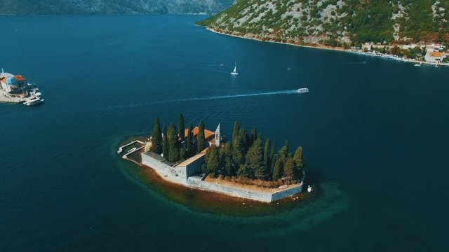 Montenegro,Perast.Flying over Sveti Dorde island at the sea.Aerial drone footage