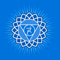 Vishuddha. Chakra vector square flat illustration - for yoga studio. Symbol  of energy center of human body, used in Hinduism, Buddhism and Ayurveda. Editable concept.