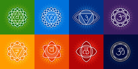Chakras system of human body - used in Buddhism and Ayurveda. For design, associated with yoga - poster, banner. Vector Sahasrara, Ajna, Vishuddha, Anahata, Manipura, Swadhisthana, Muladhara, symbol O