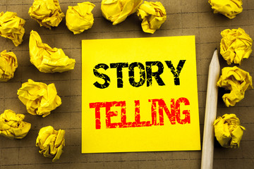 Handwriting text showing Storytelling. Business concept for Teller Story Message written on sticky...