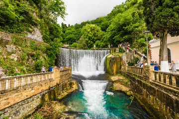 NEW ATHOS, ABKHAZIA - JUNE 11, 2017:Dam waterfall in New Athos, Abkhazia