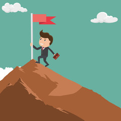 Businessman with flag on a Mountain peak, Business concept - Vector illustration.