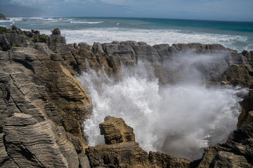 Pancake Rocks with high waves, brutal ocean