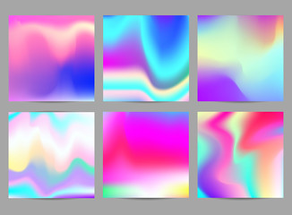 Fluid iridescent multicolored backgrounds. Vector illustration of fluids. Poster set with holographic neon effect. Applicable for flyer, banner, poster, brochure, card.