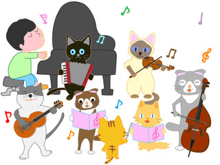 Obraz na płótnie Canvas 子供と猫のコンサート。猫が楽器を演奏している。