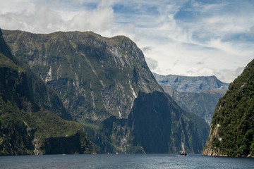 Sail Ship in Milford Sound fjords, New Zealand