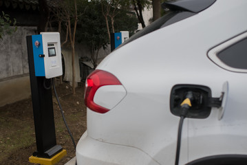 Fototapeta premium Electric cars are charging in the park.