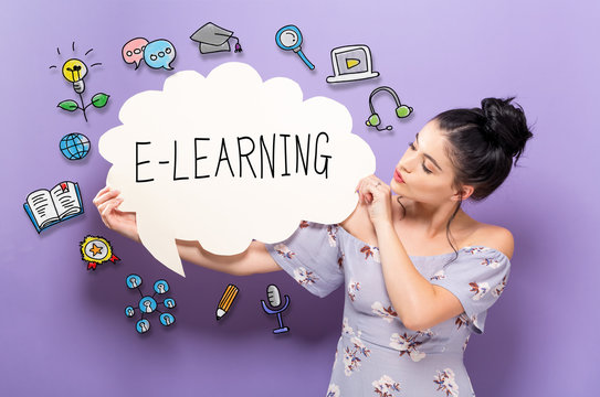 E-Learning with young woman holding a speech bubble