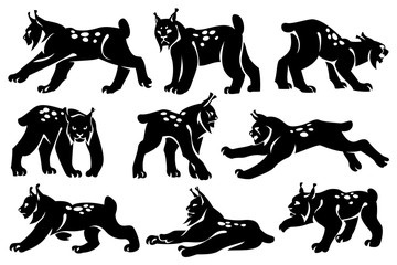 A set of decorative illustrations of lynxes. Drawing on a white background. Design element.