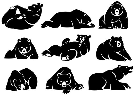 Decorative illustration of a lying bear. Black silhouette. Isolated on a white background.