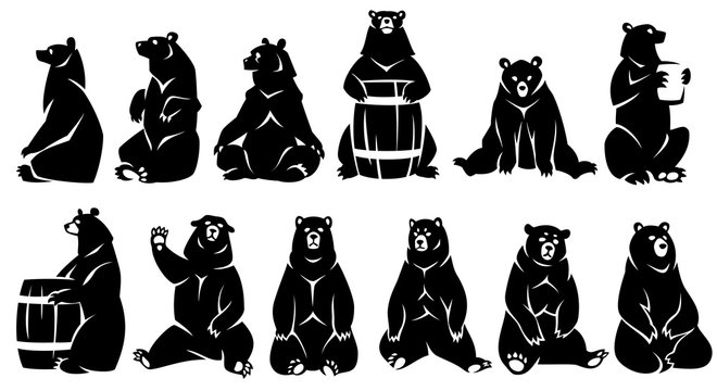 Decorative illustration sitting bears. Black silhouette. Isolated on a white background.