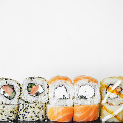 sushi roll on white background with copyspace