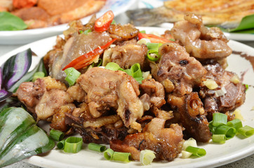 Stir fry with chicken, sweet peppers and chinese vegetables - Chinese food         