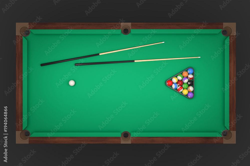 Poster 3d rendering of a billiards table with two cue sticks and a rack with balls in top view.