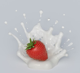 Strawberry with milk splash element,3d illustration isolated on white background