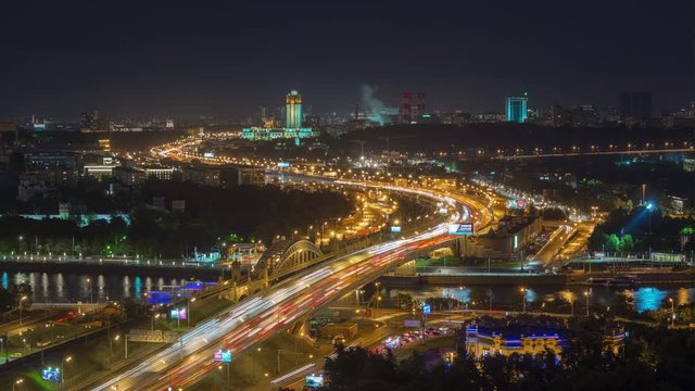 night illuminated moscow city traffic road ring aerial panorama 4k timelapse russia
