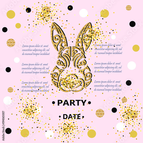 Bunny Head Isolated On Background With Golden Confetti Rabbit Bunny Head Isolated On Background With Golden Confetti Rabbit As Baby Shower Easter Logo Pet Badge Template For Birthday Day