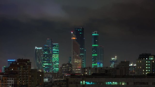 night time moscow modern city rooftop cityscape panorama 4k time lapse russia
