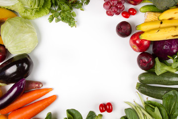 Border various fresh fruits and vegetable on white background. concept healthy eating and diet or vegetarian food