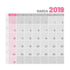 Practical light-colored planner, 2019, march, flat. Useful calendar for taking every day notes. Vector illustration