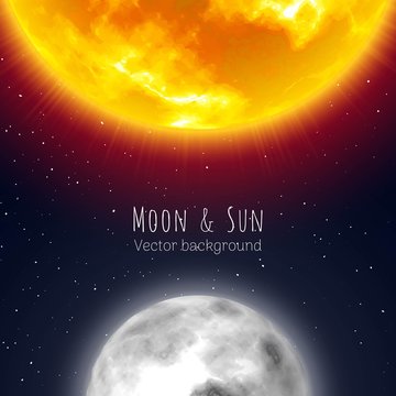 Moon and sun, night sky background, cartoon style. Star and planet of solar system in galaxy. Vector illustration on astronomical theme
