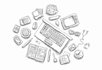 Drawn image of work table with objects