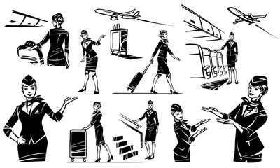 The stewardess goes and rolls her suitcase. Beautiful flight attendant in an airplane.