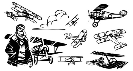 Set of illustrations biplane. French pilot of World War I against the background of the biplane.