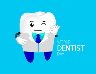 Cute cartoon tooth Dentist showing okay hand sign.  6 March,  World Dentist Day concept. Illustration isolated on blue background.