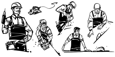 A worker with a drill looks at the camera. Workers with a drill. Carpenter cutting wooden plank. Man working with an electric planer. Worker with a sawmill.