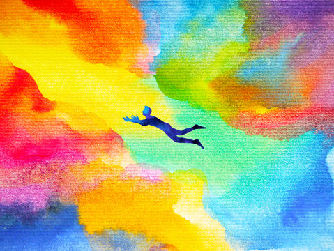 man flying in abstract colorful dream universe illustration watercolor painting design hand drawn