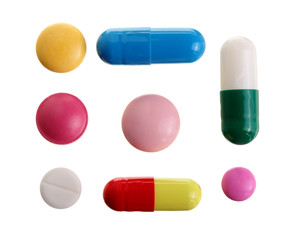 multicolor pill capsule isolated on white background. Top view. Flat lay. Set or collection