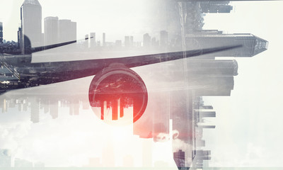 Silhouette of airplane in sky. Mixed media