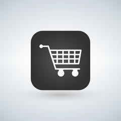 Vector shopping cart icon on black app button, graphic design element.