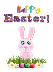 Happy Easter greeting card with colored text and  cartoon bunny