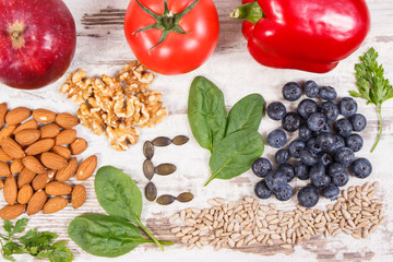 Products and ingredients containing vitamin E and dietary fiber, healthy nutrition concept