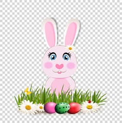 Cute cartoon pink bunny among  dyed eggs on green grass