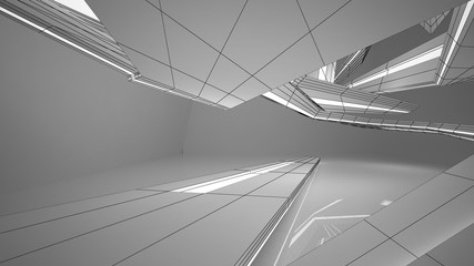 Abstract drawing white parametric interior. Polygon black drawing. 3D illustration and rendering.