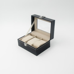 jewelry box or black leather jewelery box on background.