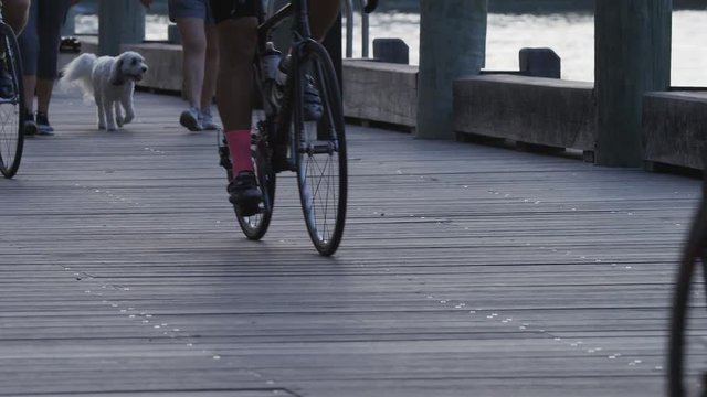 Bicycles ride past on a boardwalk