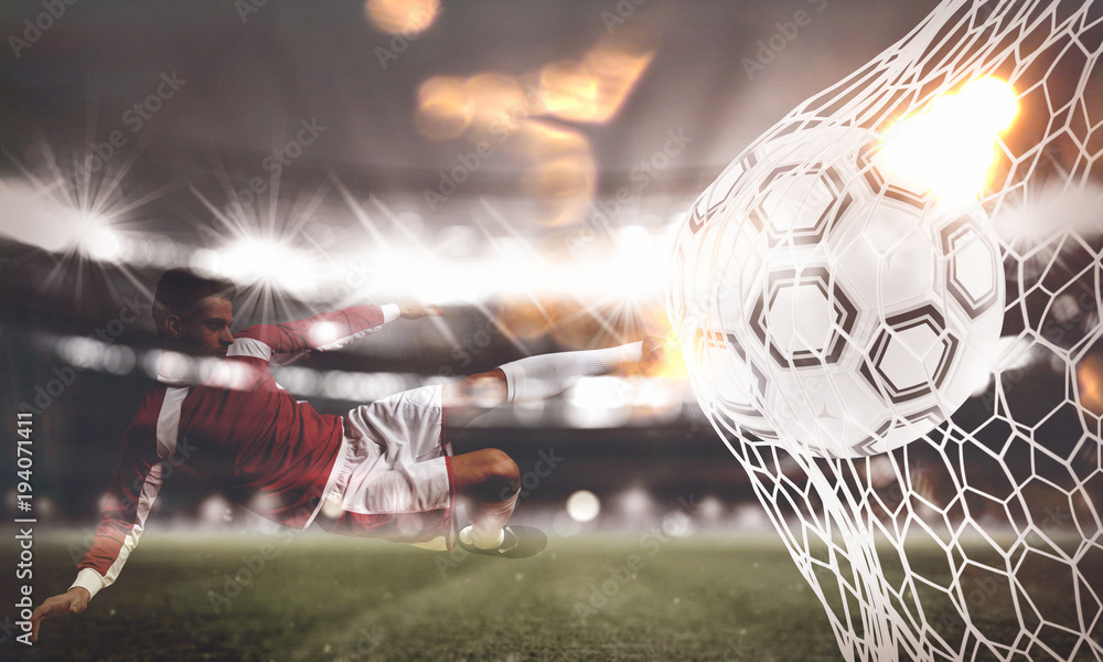 Aufkleber background of a soccer ball scores a goal on the net. 3d rendering