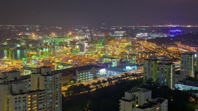 night illuminated singapore famous working port rooftop panorama 4k timelapse
