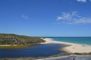 Fototapeta na wymiar Tourism summer holiday destination western Australia Moore river white sand dark blue beach beach