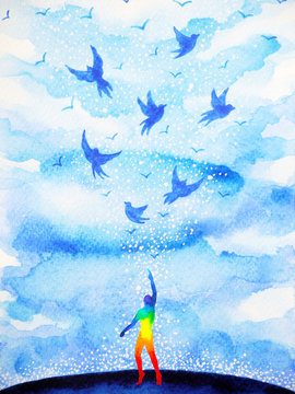 Abstract Human Flying Birds Spiritual Mind In Blue Cloud Sky Illustration Watercolor Painting Design Hand Drawn