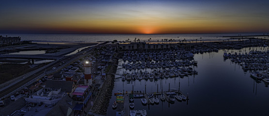 5 image aerial sunset view of Oceanside Harbor, Oceanside, California, USA.