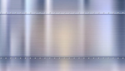Metal background with texture and rivets, blurred reflections. Polished riveted metal sheets with place for text. Template for your poster, banner, cover art and other design