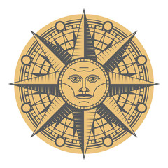 Vintage sun face compass rose