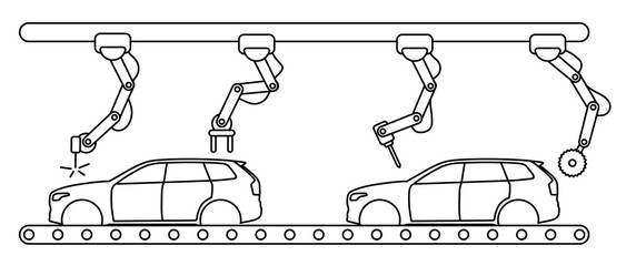 Thin line style car assembly line. Automatic auto production conveyor. Robotic car machinery industry concept. Vector illustration.
