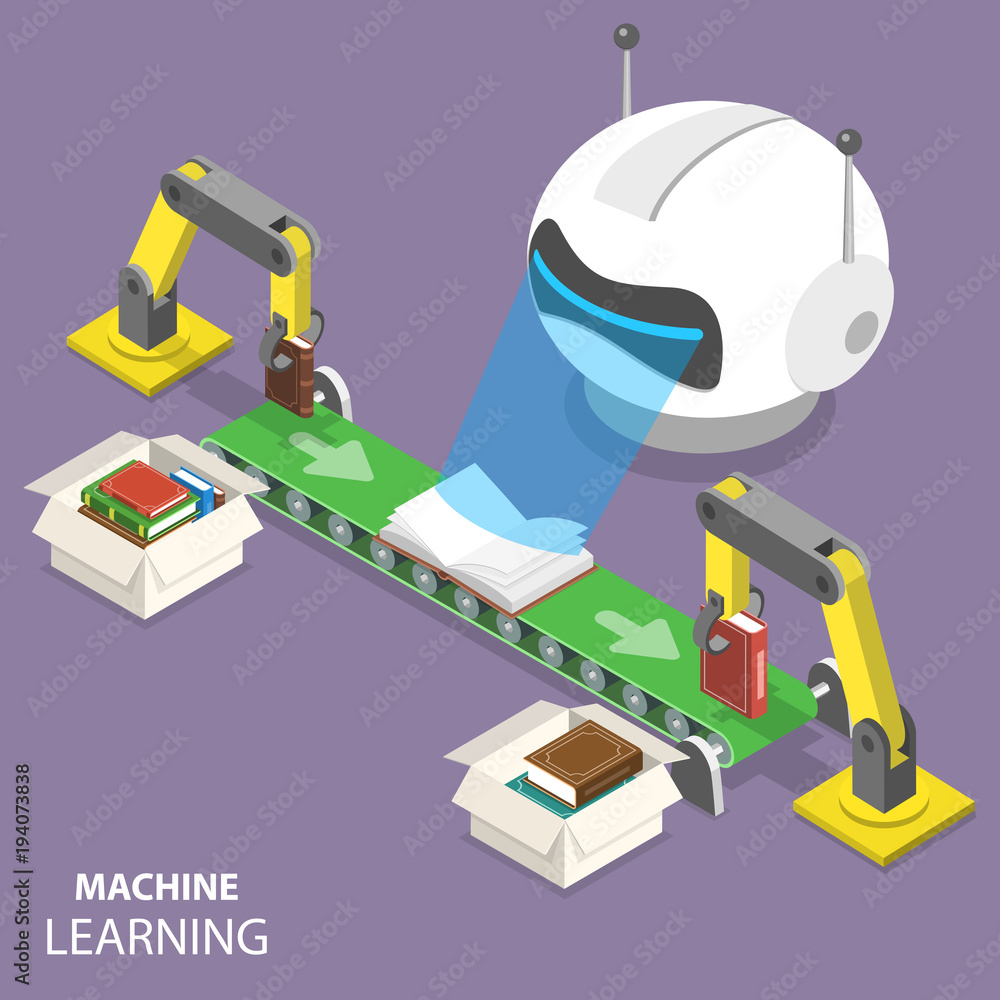 Poster machine learning flat isometric vector concept. robots head is reading books moved by the convier.